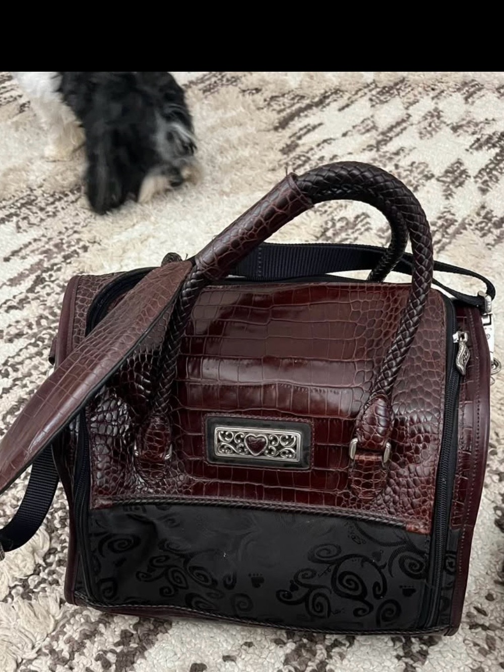 Brighton Elegant Burgundy Croc-Embossed Satchel Bag with Black Accents